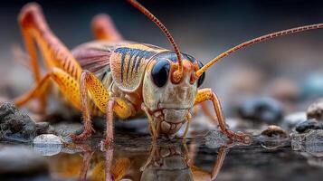 Close-up view of a colorful grasshopper resting near water on a rocky surface during daylight hours photo