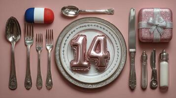 Celebration with decorative plate, utensils, and pink 14 shaped balloons on pastel table setting photo