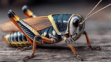 Close-up view of a colorful grasshopper resting on a wooden surface during the afternoon in a natural environment photo
