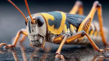 Close-up view of a brightly colored insect showcasing intricate details of its body and textures photo