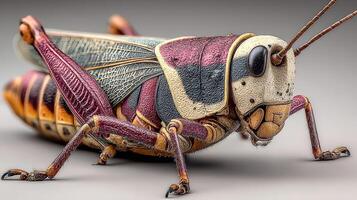 Close-up view of a colorful grasshopper in a studio setting showcasing intricate details photo