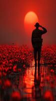 Soldier saluting at sunset amidst a vibrant field of flowers reflecting warm hues photo