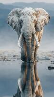 Elephant walks towards water at dawn in a serene landscape with mist and mountains in the background photo