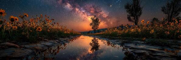 Stunning view of a starry sky reflecting in water with sunflowers blooming in the foreground at dusk photo