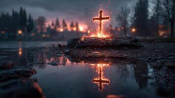 Burning cross illuminates serene lake landscape during twilight hours in a quiet forest setting photo