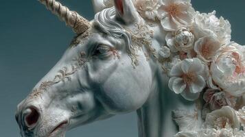 Sculpture of a unicorn adorned with flowers in a serene artistic display photo