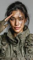 Portrait of a soldier saluting with determination and confidence in a military uniform photo