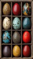 Beautifully decorated eggs arranged in a wooden crate showcasing vibrant colors and intricate patterns during spring celebration photo