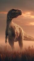 Majestic dinosaur stands tall in misty grassland at sunset photo