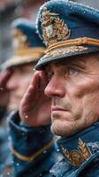 Soldiers salute during a snowy ceremonial event in a historic military setting while showcasing deep pride and commitment photo