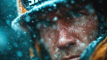 Close-up of a determined individual facing harsh winter conditions with snow and ice on their face while wearing protective gear outdoors photo
