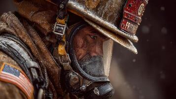 Brave firefighter prepares to tackle an intense blaze while wearing protective gear in adverse weather conditions photo
