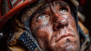 Firefighter gazes upwards amid ash and smoke after battling a fierce blaze in a city during the late afternoon photo