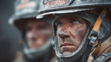 Firefighters wearing helmets stand resolutely after battling a fierce blaze in a burned forest area during daylight photo