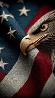Eagle close-up over American flag showcasing patriotism and national pride in rich colors and textures photo