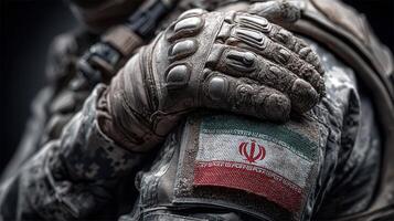Soldier in tactical gear displays Iranian flag patch on arm during training exercise in outdoor setting photo