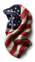 Textured American flag displayed artistically on a white background highlighting its intricate fabric details and colors photo