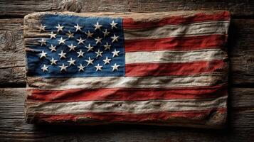 Weathered American flag displayed on rustic wooden surface evokes a sense of history and patriotism in a warm setting photo