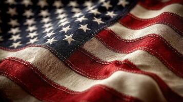 Close-up view of an American flag with rich textures and colors showcasing patriotism and history during a sunny day photo