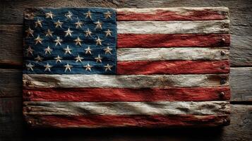 Weathered American flag art piece displayed on rustic wooden surface highlighting craftsmanship and patriotic spirit photo