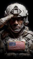 Soldier saluting with dust covering uniform in a dramatic portrait at an unspecified location photo