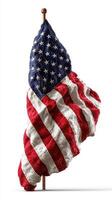 Detailed texture of a worn American flag draped over a flagpole symbolizing patriotism and resilience in a bold artistic interpretation photo