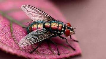 Colorful fly resting on a pink leaf in a garden setting during daylight hours photo