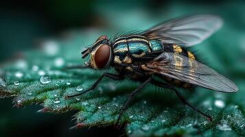 Close-up view of a colorful fly resting on a green leaf surrounded by droplets of water photo