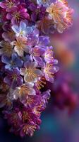 Vibrant cluster of blooming flowers with rich purple shades in a soft, blurred background during springtime photo