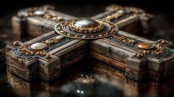 Ornate wooden cross crafted with intricate details and embellishments resting on a dark glossy surface in soft lighting photo