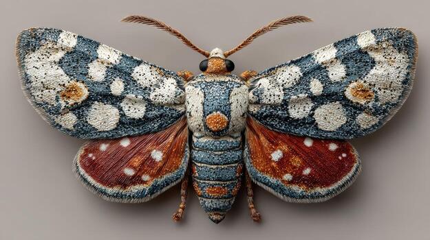 Colorful moth with distinct patterns resting on a neutral background during daylight photo