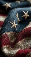 Close-up view of a textured American flag fabric featuring stars and stripes in rich colors photo