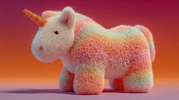Colorful fluffy unicorn toy standing against a vibrant gradient background in a playful indoor setting photo