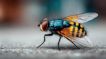 Colorful fly with intricate patterns resting on a surface during daylight photo