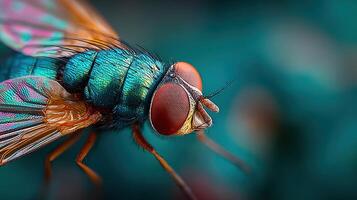 Colorful close-up of a blue fly on a blurred background showcasing intricate details in a vibrant setting photo