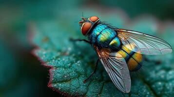 Close-up view of a vibrant blue and orange fly resting on a green leaf in a natural setting during daylight photo