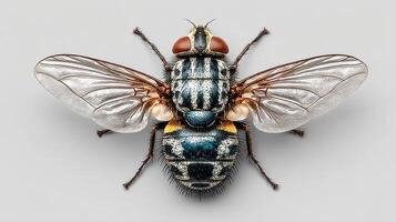 Detailed view of a fly showcasing intricate wing patterns and unique body features in a studio setting under bright lighting photo