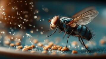 Close-up view of a fly collecting food particles with water droplets glistening in the background during daylight photo