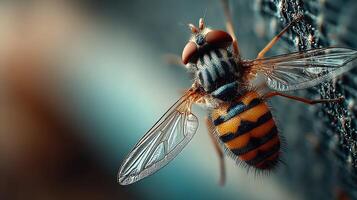 Detailed close-up of a vibrant striped insect on a textured surface during daylight hours in a natural habitat photo