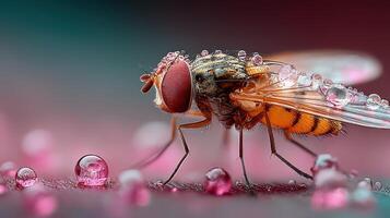 Close-up view of a fly covered in dew drops on a colorful surface in the early morning light photo