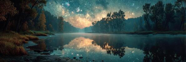 Starlit night sky reflecting on calm river with trees along the shore at a peaceful location photo