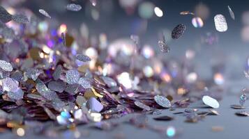 Colorful glitter particles scatter across a surface, creating a dazzling visual effect in soft light photo