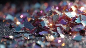 Sparkling fragments scatter across a dark surface, reflecting light and creating a vibrant display of colors photo