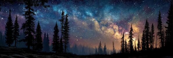 Night sky reveals a breathtaking view of stars and galaxies above a tranquil forest at dusk in nature's serene beauty photo