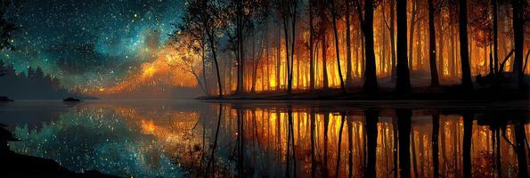 Majestic reflection of an illuminated forest under a starry sky at night beside a calm river photo