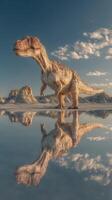 Lifelike dinosaur sculpture stands in reflective shallow water under a clear sky at golden hour in a desert landscape photo