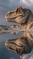 Dinosaur sculpture emerges from calm waters at sunset in a surreal landscape photo