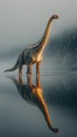 Dinosaur stands majestically on a misty shoreline with reflections in calm water during early morning light photo