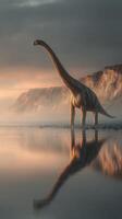 Dinosaur stands majestically near the shore at sunrise, reflecting on calm waters with cliffs in the background photo