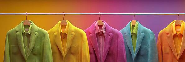 Colorful collection of vibrant jackets displayed on a rack against a gradient background photo